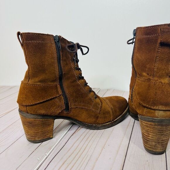Taos Brown Suede Leather Ankle Heeled Boots Lace Up Sz 41 - Picture 3 of 10